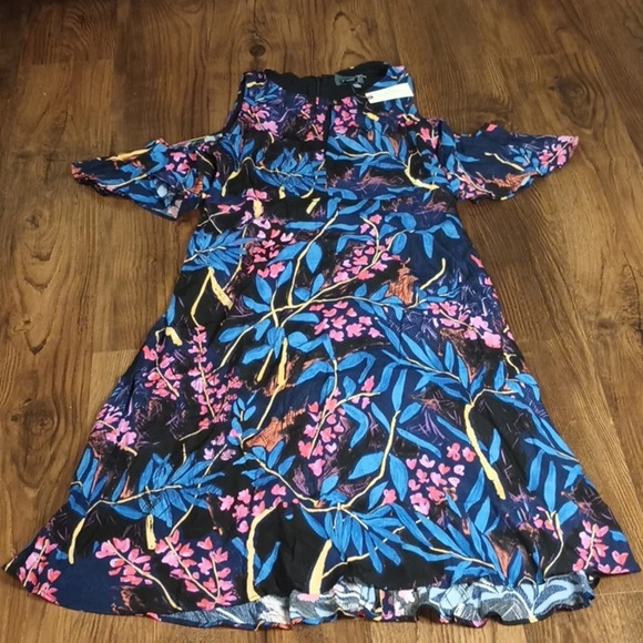 Anthropologie Blue and Pink Tropical Style Floral Cold Shoulder Ruffle Dress SSS - Picture 1 of 9